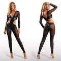 Fantasy Lingerie Edge Long Sleeve Mesh And Wetlook Cutout Catsuit-Black L/Xl