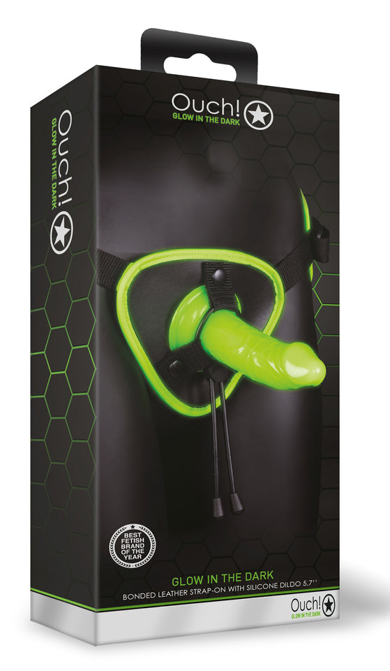 Bonded Leather Strap-On With Silicone Dildo 5.7  Inch - Glow In The Dark