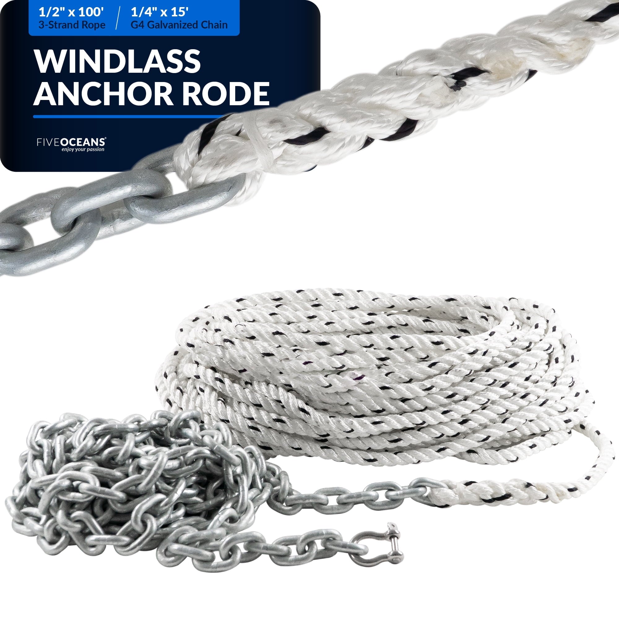 Five Oceans Windlass Anchor Rode And Chain, Hand-Spliced Anchor Rope And Chain Kit, 1/2'' X 100' Nylon 3-Strand Rope, 1/4'' X 15