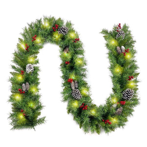 Aedavey 9Ft Christmas Garland With 50 Waterproof Led Lights, Timer 8 Modes 20 Snowy Pinecones 98 Red Berries Battery Operated Pr