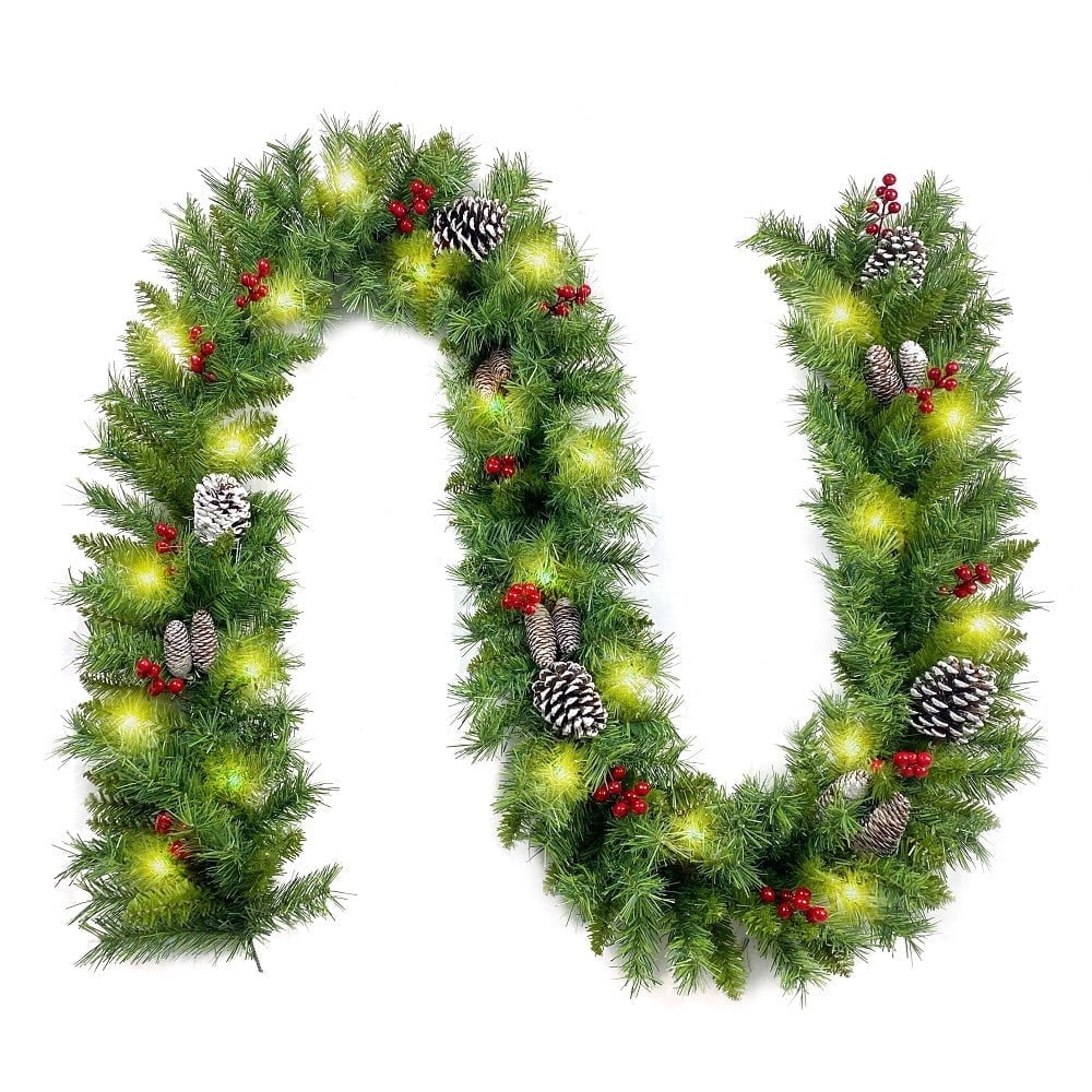 Aedavey 9Ft Christmas Garland With 50 Waterproof Led Lights, Timer 8 Modes 20 Snowy Pinecones 98 Red Berries Battery Operated Pr
