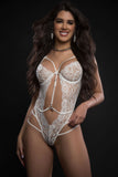 1Pc Floral Sheer Lace Plunge Teddy - One Size -  White