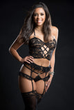 4Pc Cami Top Lingerie Set With Ruffled Garter Belt And Stockings - One Size - Blackout