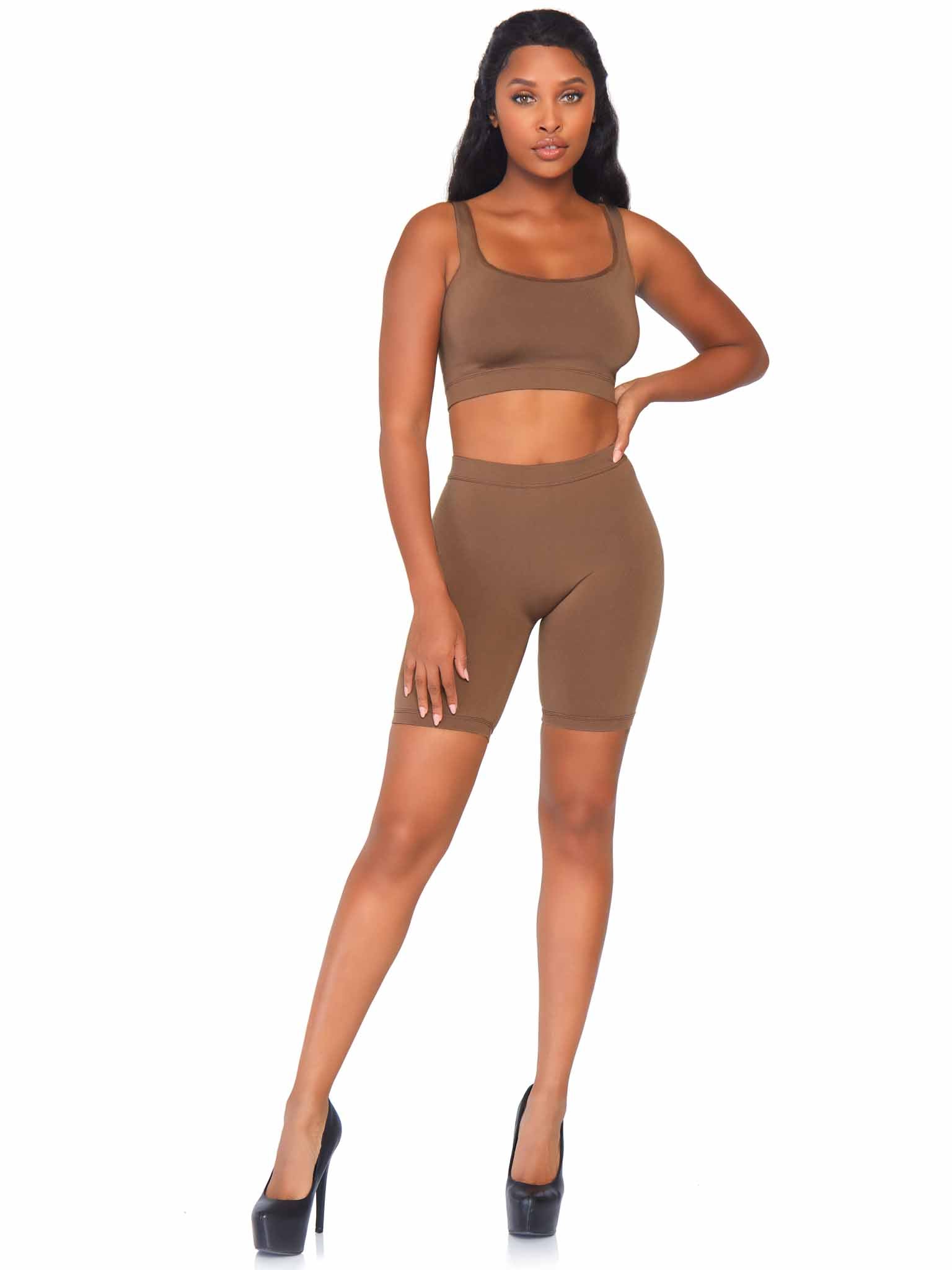 2 PC Seamless opaque spandex crop tank and bike shorts.