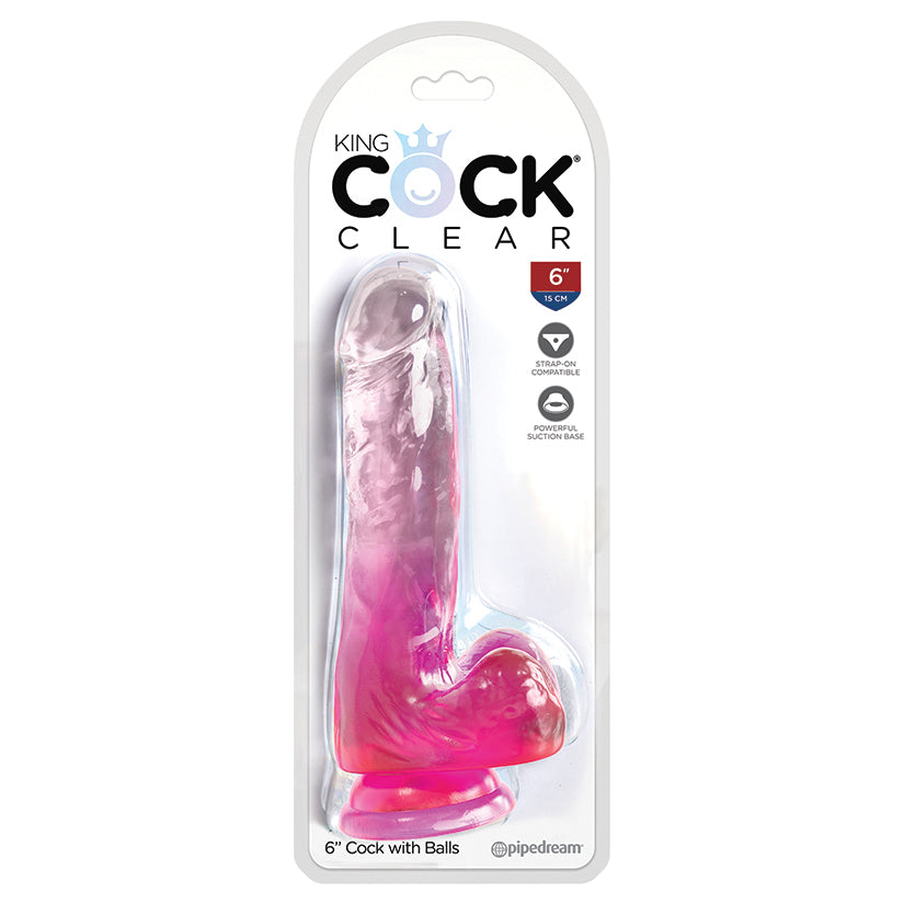 King Cock Clear With Balls-Pink 6''