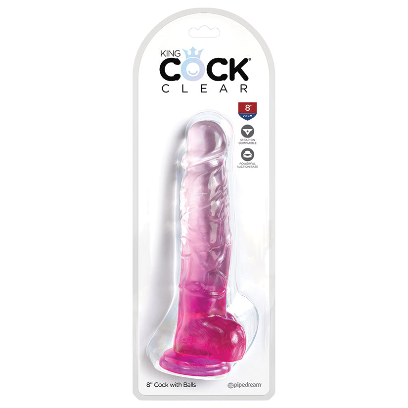 King Cock Clear With Balls-Pink 8''
