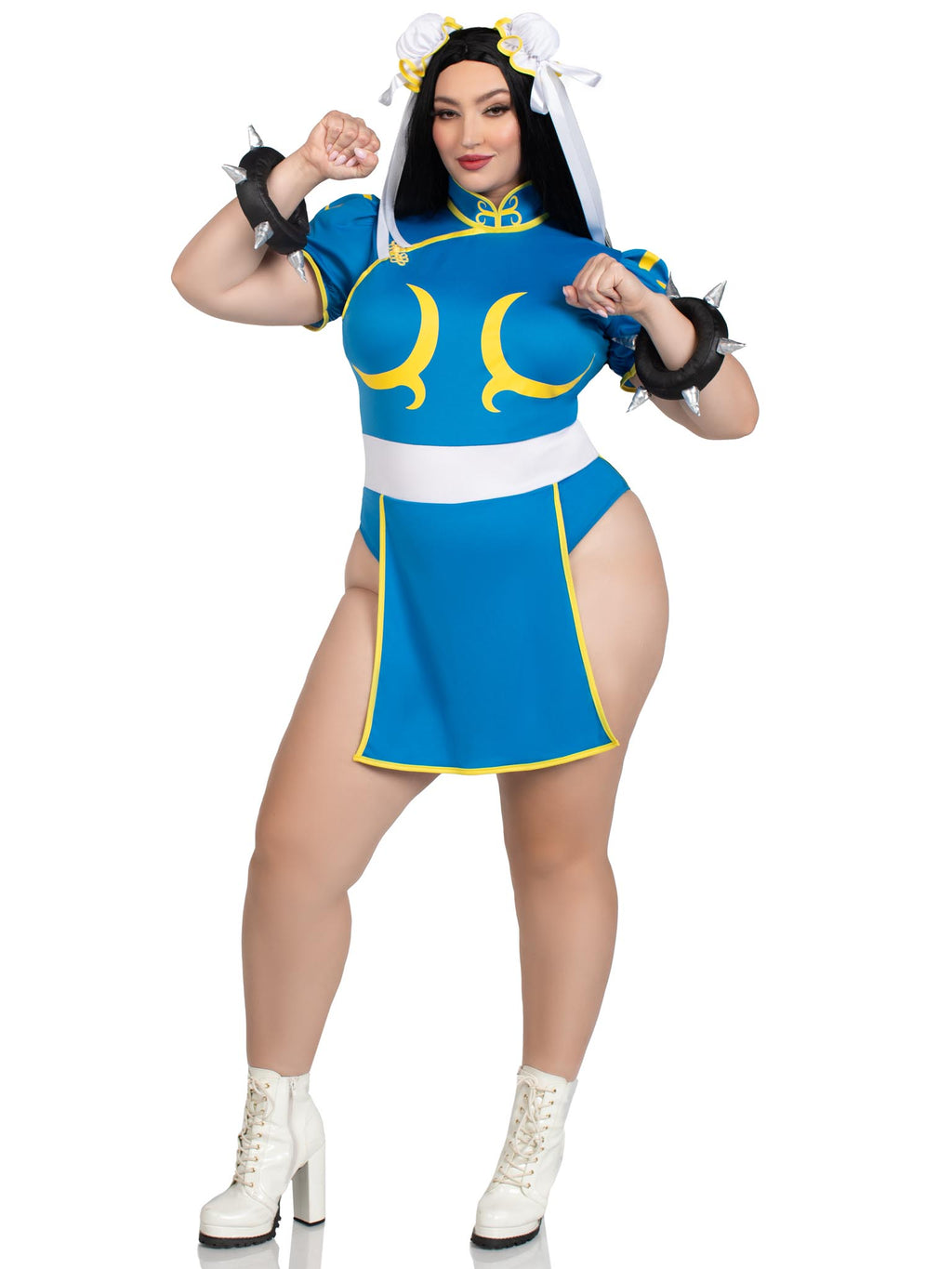 3 PC Chun-Li, includes bodysuit dress with signature character detail, bun covers with ribbon accents, and spiked wrist cuffs.