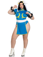 3 PC Chun-Li, includes bodysuit dress with signature character detail, bun covers with ribbon accents, and spiked wrist cuffs.