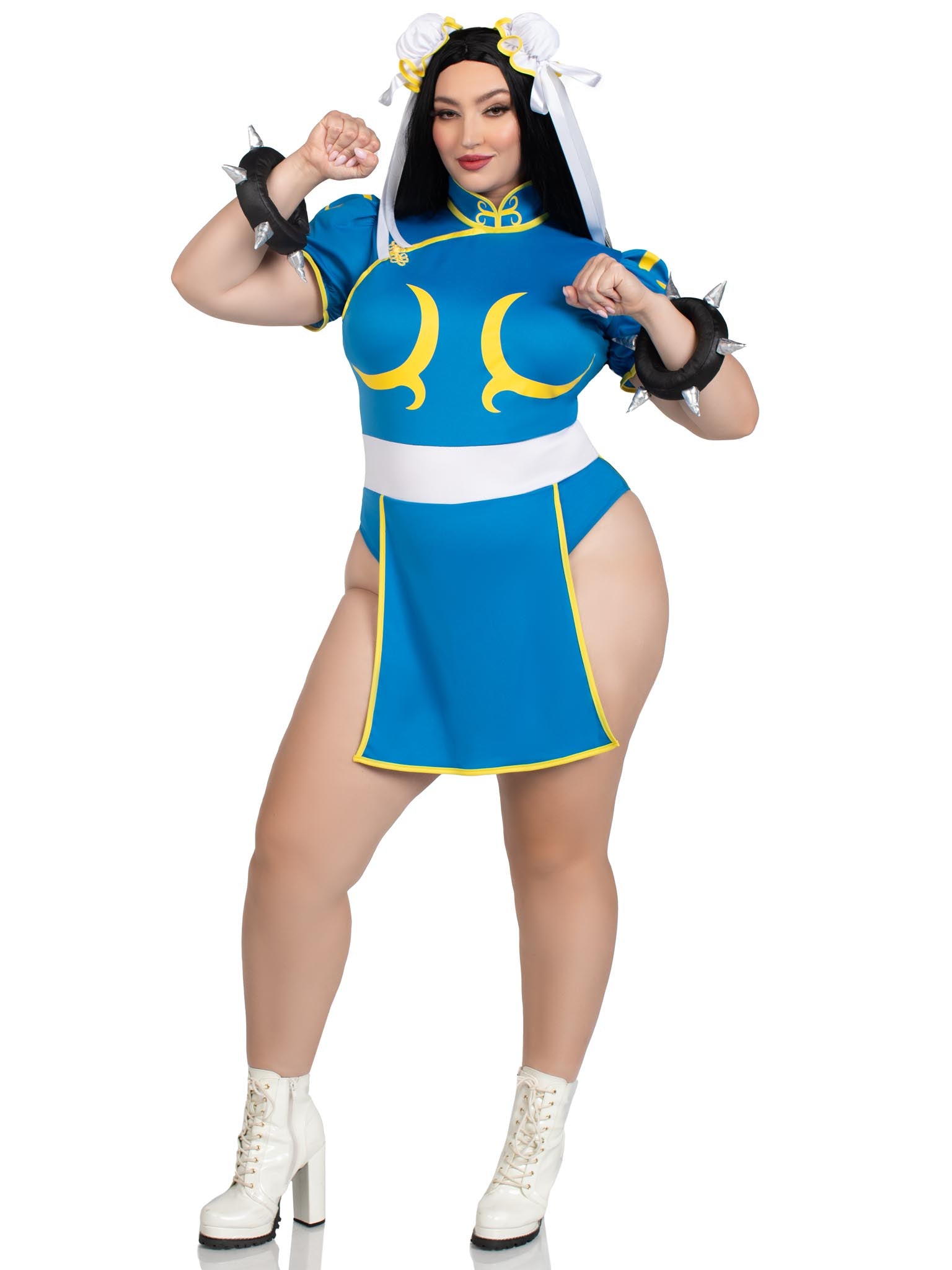 3 PC Chun-Li, includes bodysuit dress with signature character detail, bun covers with ribbon accents, and spiked wrist cuffs.