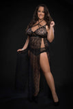 2Pc Strappy Halter Laced Night Gown With Side Slits And Open Back - Queen Size - Black
