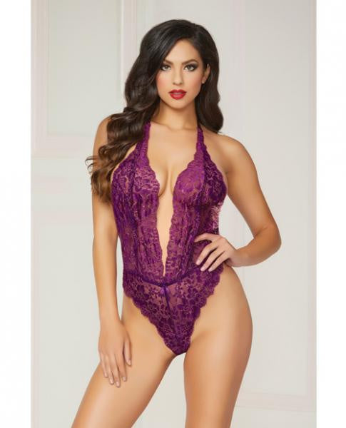 Floral Lace Teddy Halter Ties &amp; Snap Crotch Purple O/S(D0102H5Q4FW.)