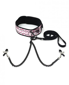 Collar W/ Nipple Clamps- Faux Leather Pink