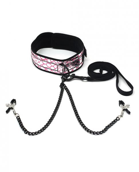 Collar W/ Nipple Clamps- Faux Leather Pink