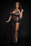 2Pc Strappy Halter Laced Night Gown With Side Slits And Open Back - Queen Size - Black