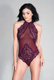 High Neck Scalloped Trim Lace Teddy With Sheer  Back - One Size - Burgundy