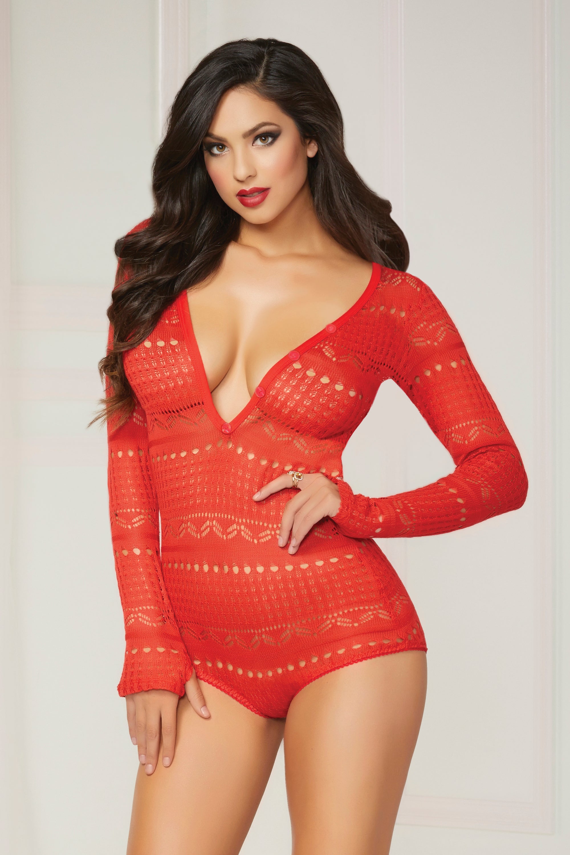 Knit Long Sleeve Romper  - Small  - Red