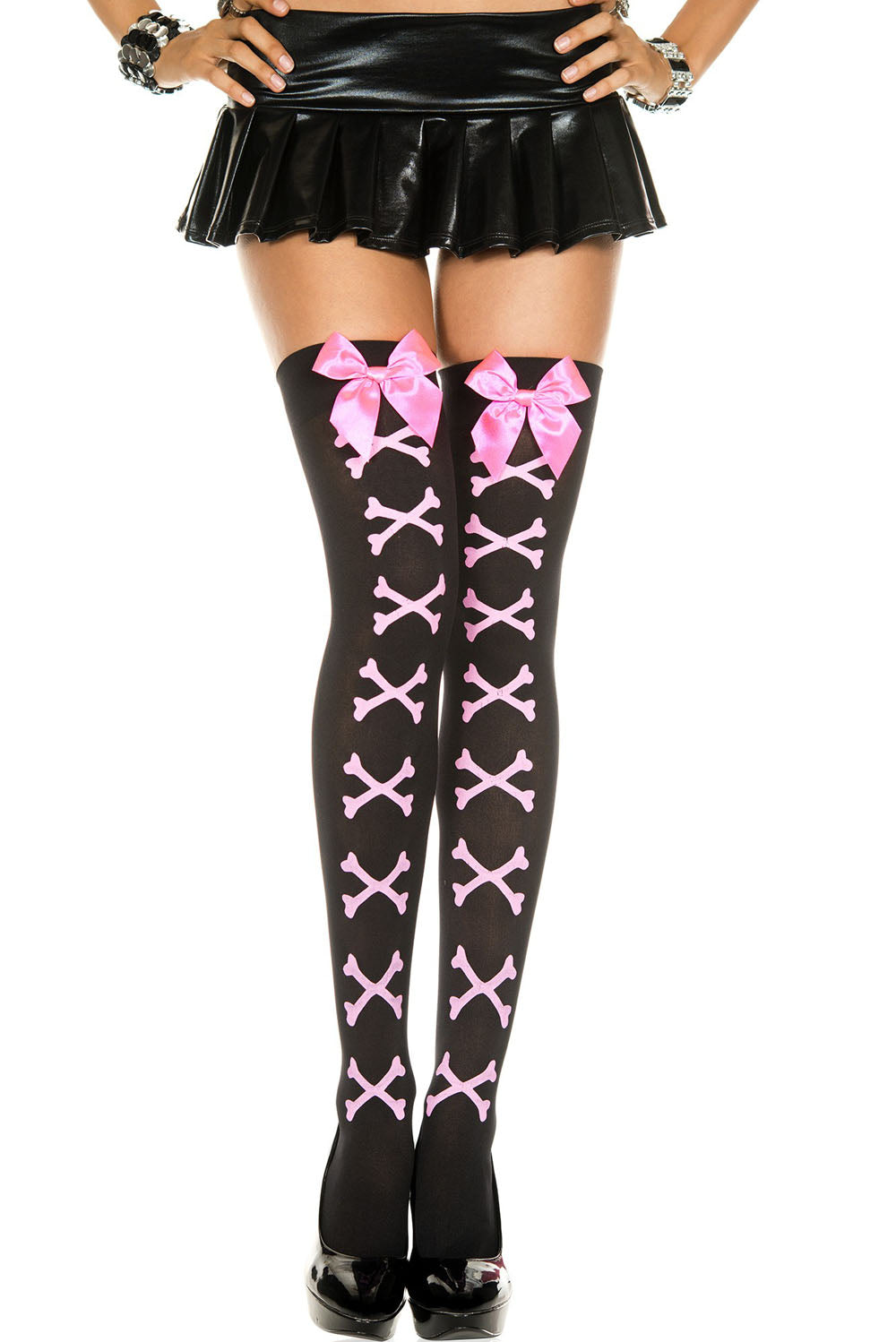 Cross Bone and Satin Bow Opaque Thigh Hi - One Size - Black / Pink
