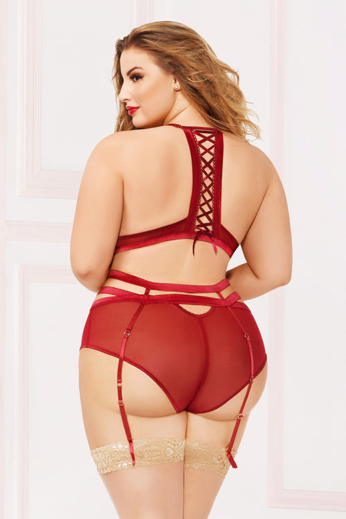 Applique & Mesh Bra Set - 1x2x - Burgundy