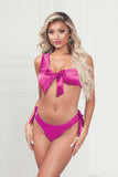 Two Piece Bra Set - Satin Bra With Assymetrical  Shoulder Strap, Satin Ribbon Bows, And Thong -  One Size - Fuchsia