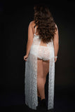 2Pc Strappy Halter Laced Night Gown With Side Slits And Open Back - Queen Size - White