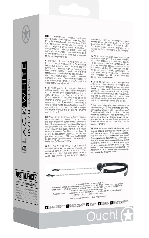 Ouch! B&W Breathable Ball Gag W/Nip Clam