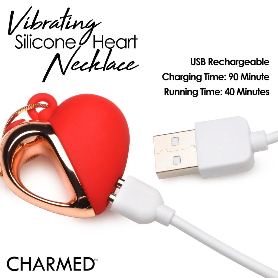 10X Vibrating Silicone Heart Necklace - Rose Gold Red