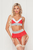 3 Pc Rhinestone Stud Bra With Marabou Trim and  Garter Belt With Mesh Thong - One Size - Red